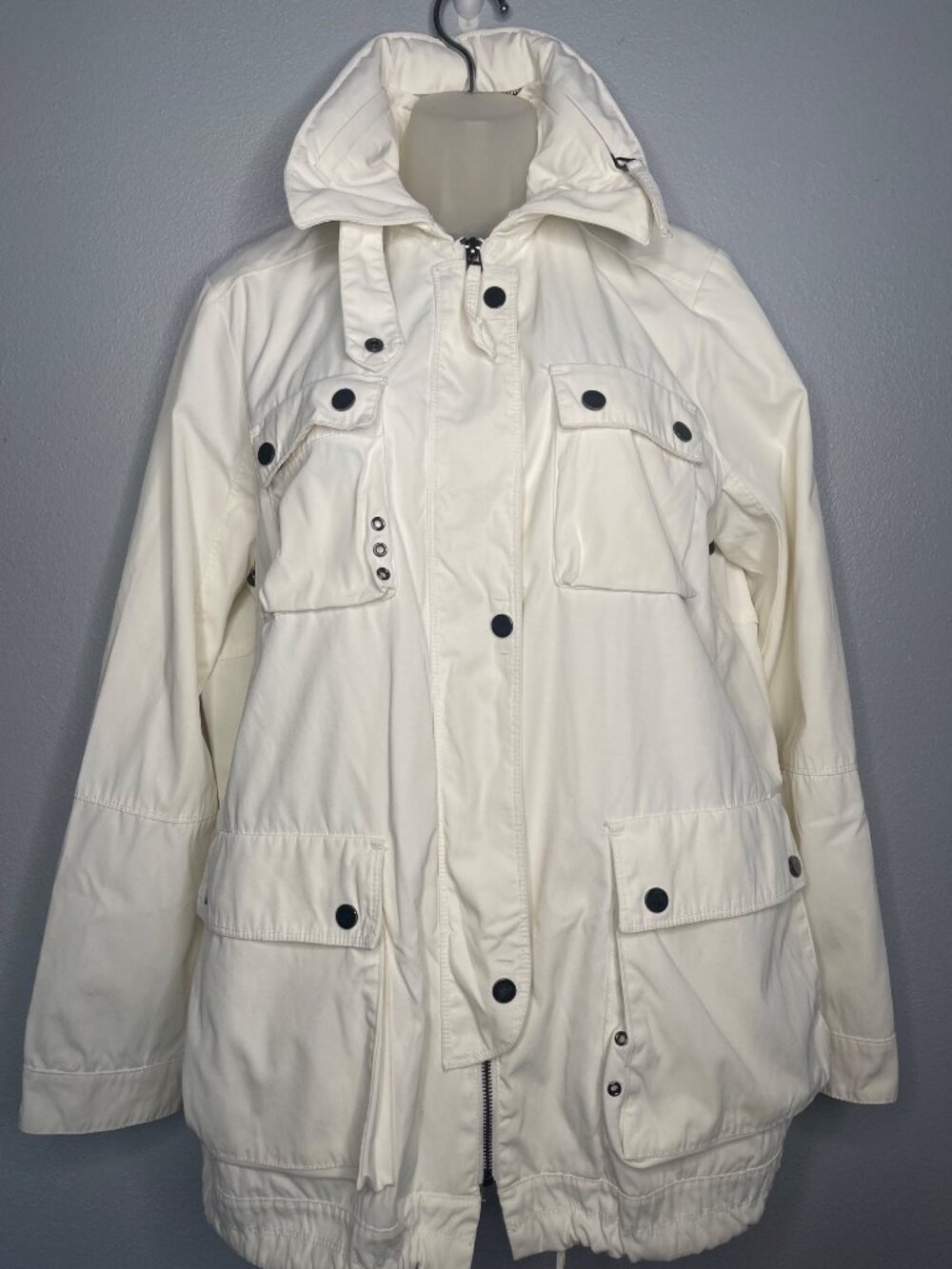 Zara Woman White/Bone Hooded Utility Chore Jacket Nylon Cotton Size L Classic